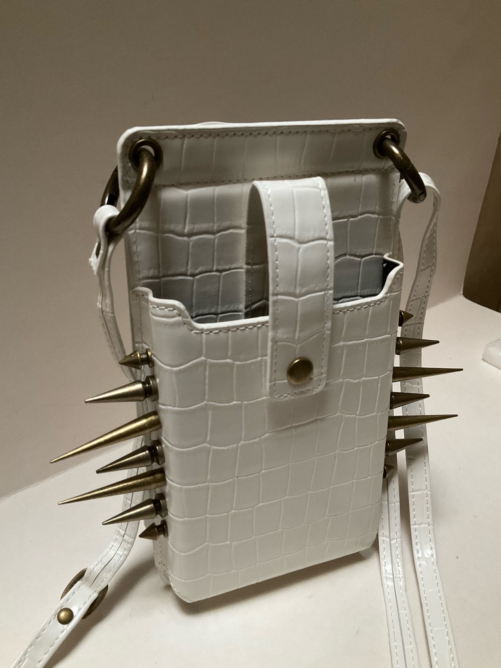 White Croc-Embossed Spike Crossbody Phone Bag cone spikes Edgy Punk Gothic Stud